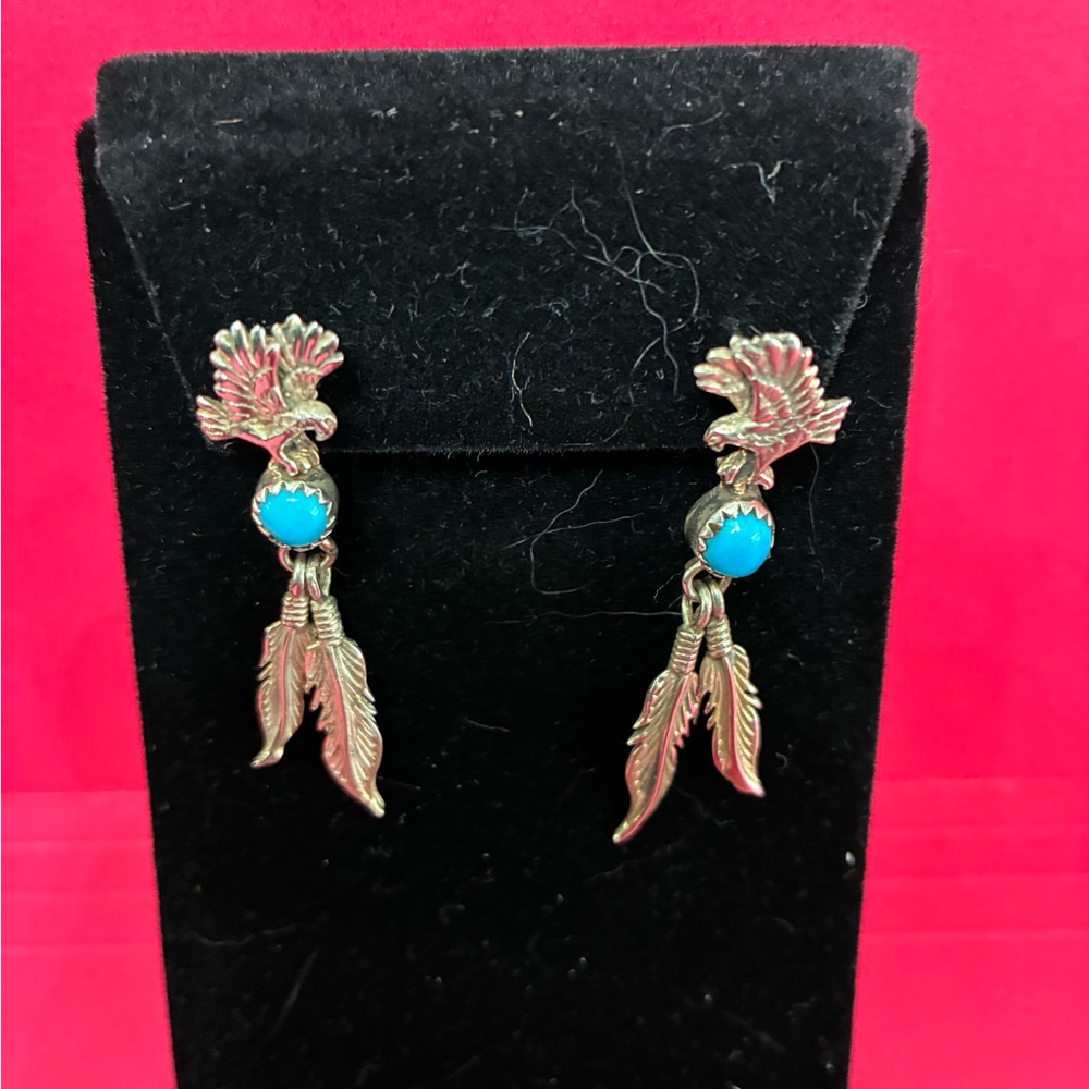 Vintage Richard Begay Silver and Turquoise flying eagle and Feather Earrings